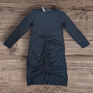 Boohoo Plus Black Ribbed Ruched Bodycon Midi Dress Long Sleeve Size 22